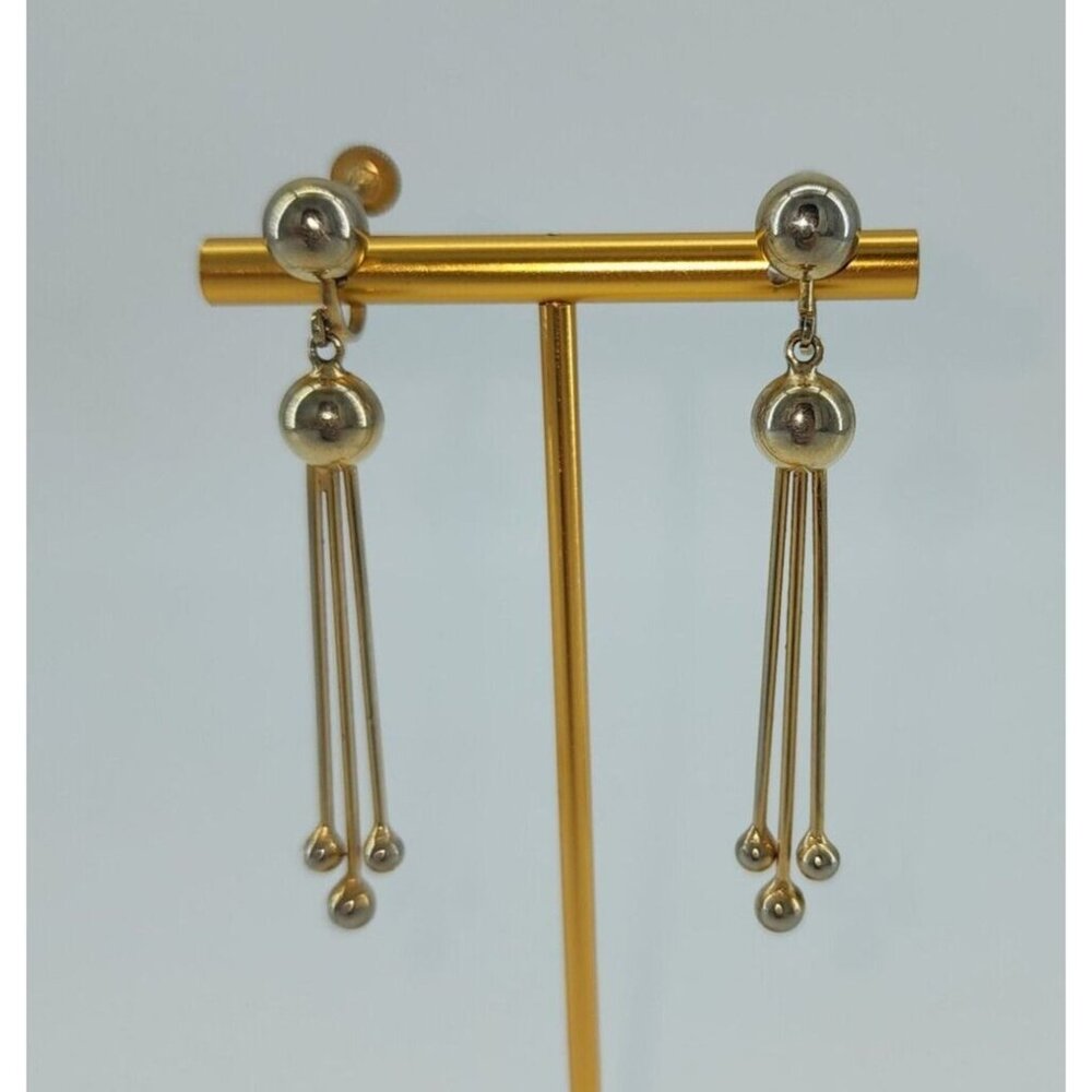 Coro Art Deco 50s Style Gold Tone Ball Bar Dangle Clip On Earrings